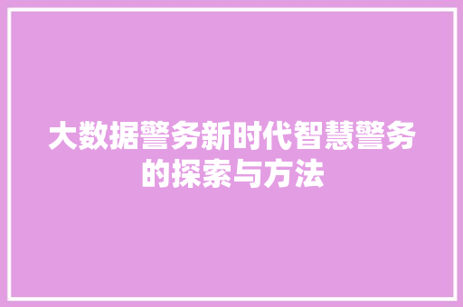 大数据警务新时代智慧警务的探索与方法