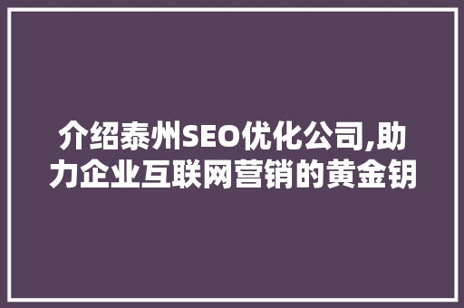 介绍泰州SEO优化公司,助力企业互联网营销的黄金钥匙