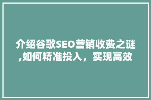 介绍谷歌SEO营销收费之谜,如何精准投入，实现高效回报