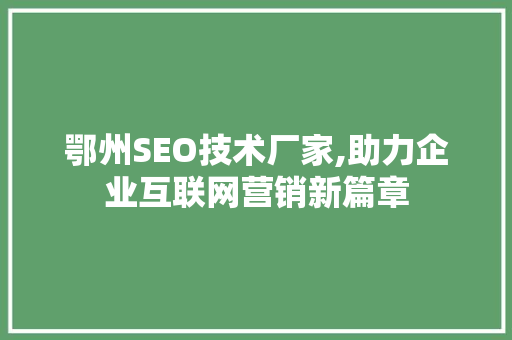 鄂州SEO技术厂家,助力企业互联网营销新篇章