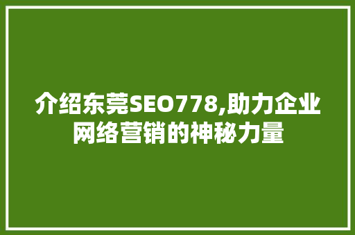 介绍东莞SEO778,助力企业网络营销的神秘力量