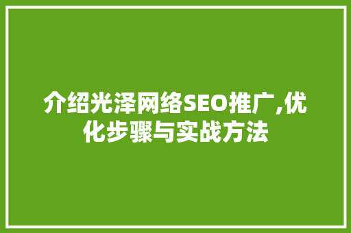 介绍光泽网络SEO推广,优化步骤与实战方法