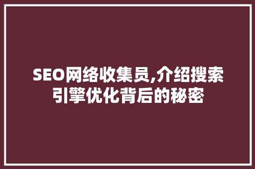 SEO网络收集员,介绍搜索引擎优化背后的秘密