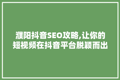 濮阳抖音SEO攻略,让你的短视频在抖音平台脱颖而出