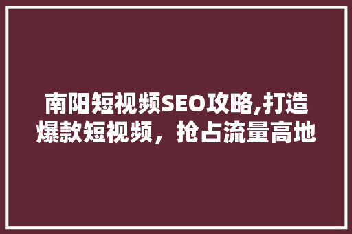 南阳短视频SEO攻略,打造爆款短视频，抢占流量高地