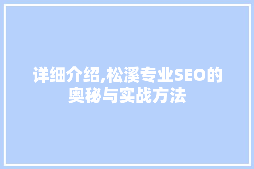 详细介绍,松溪专业SEO的奥秘与实战方法