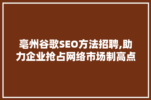 亳州谷歌SEO方法招聘,助力企业抢占网络市场制高点
