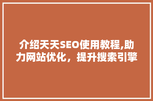 介绍天天SEO使用教程,助力网站优化，提升搜索引擎排名