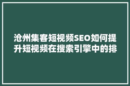沧州集客短视频SEO如何提升短视频在搜索引擎中的排名