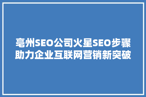 亳州SEO公司火星SEO步骤助力企业互联网营销新突破