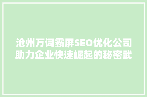 沧州万词霸屏SEO优化公司助力企业快速崛起的秘密武器