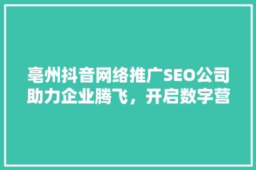 亳州抖音网络推广SEO公司助力企业腾飞，开启数字营销新篇章