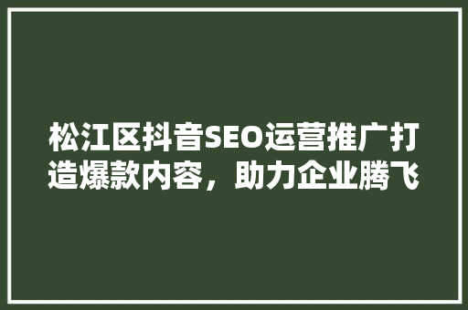 松江区抖音SEO运营推广打造爆款内容，助力企业腾飞