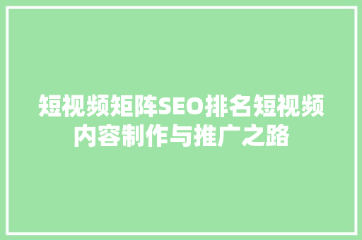 短视频矩阵SEO排名短视频内容制作与推广之路