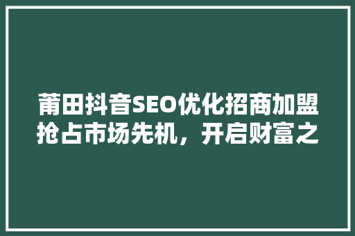 莆田抖音SEO优化招商加盟抢占市场先机，开启财富之门