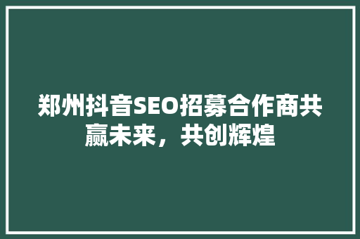 郑州抖音SEO招募合作商共赢未来，共创辉煌