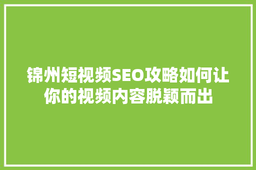 锦州短视频SEO攻略如何让你的视频内容脱颖而出