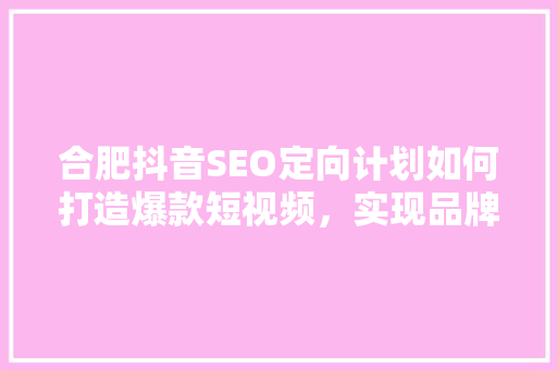合肥抖音SEO定向计划如何打造爆款短视频，实现品牌精准推广
