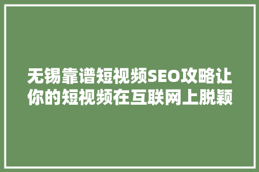 无锡靠谱短视频SEO攻略让你的短视频在互联网上脱颖而出