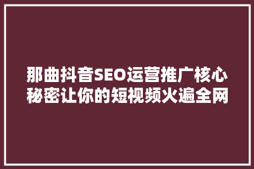 那曲抖音SEO运营推广核心秘密让你的短视频火遍全网